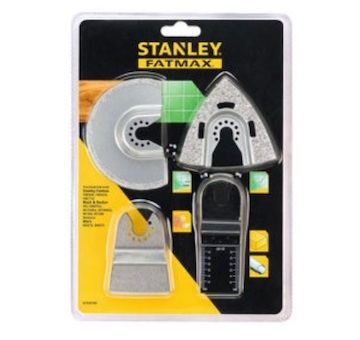 Stanley STA26160-XJ Segmentový karbidový kotouč O 92 mm, tl. > 3 mm, delta karbidová rašple 73 x 75 mm, pevná škrabka HCS 52 x 26 mm, ponorný pilový list BiMetal 32 x 40 mm, 18 TPI